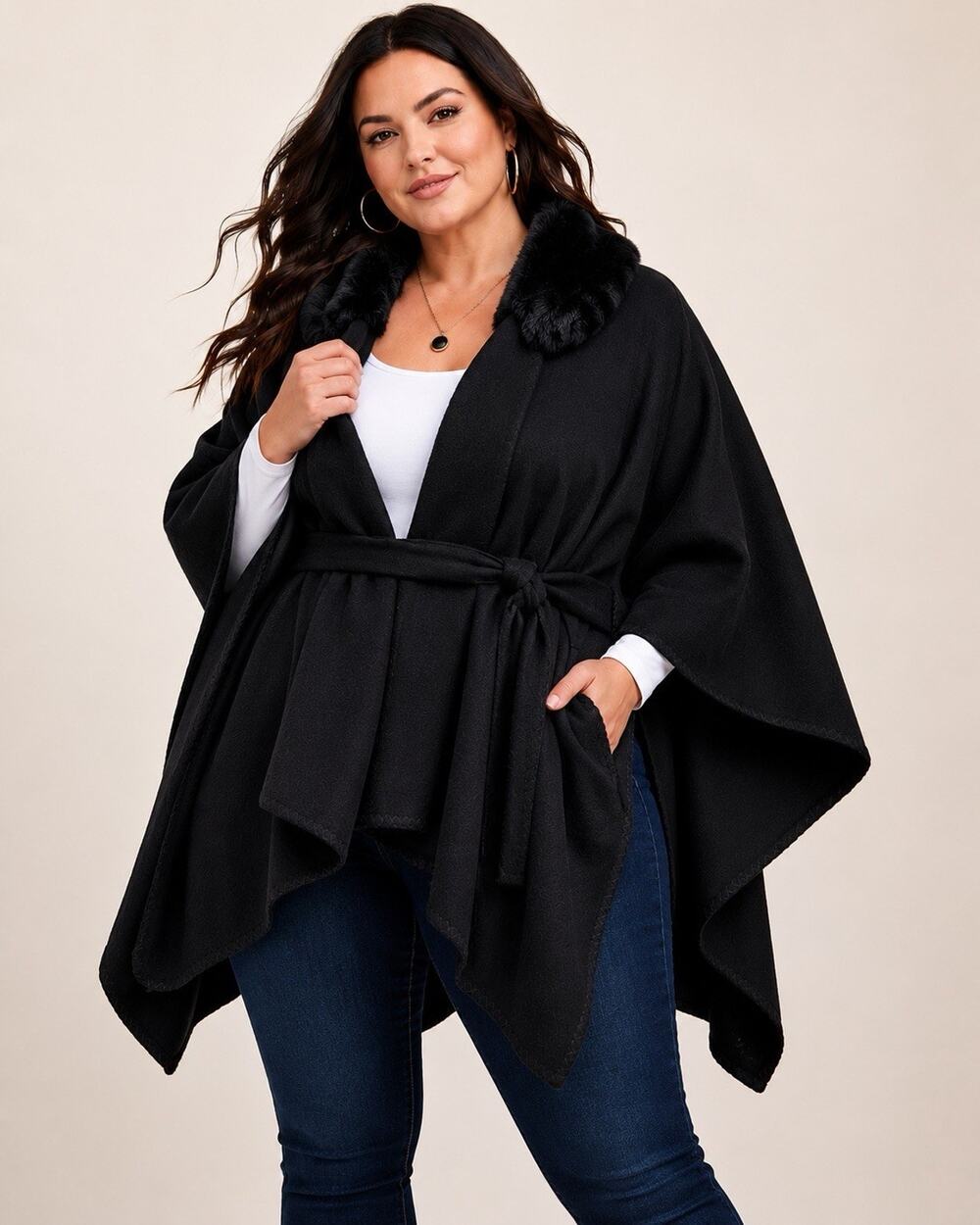 Torrid Faux Fur Trim Belted Ruana Wrap Poncho NWT Black Plus Size Cozy Luxe Goth